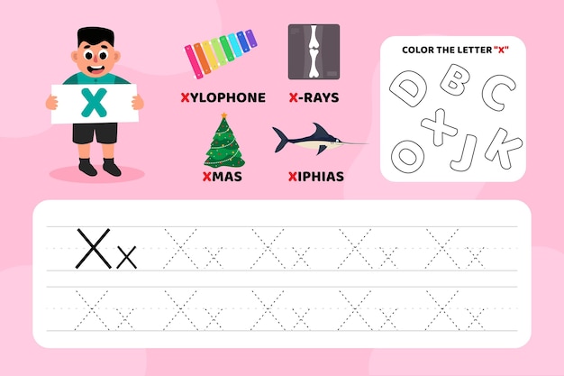 Educational letter x worksheet with illustrations