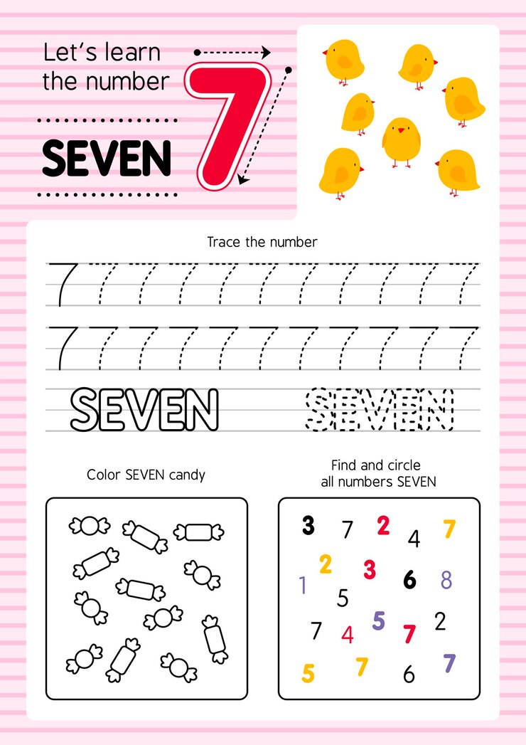 Free Vector educational number seven worksheet