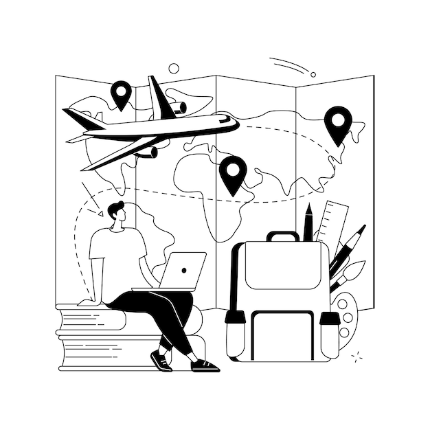 Illustrazione vettoriale del concetto astratto del turismo educativo educazione internazionale del turismo edu all'estero divertente gruppo di vacanze per studenti di scambio di studio in metafora astratta dell'aeroporto