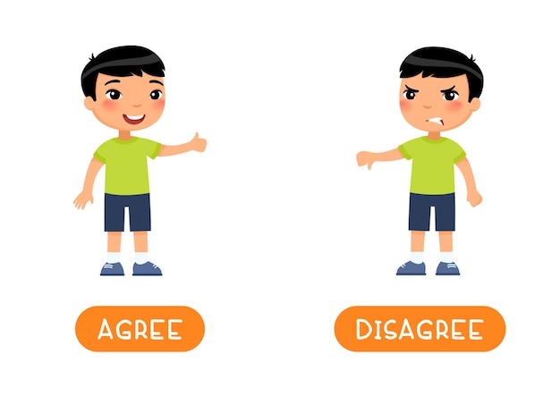 Educational word card with opposites. antonyms concept, agree and desagree.