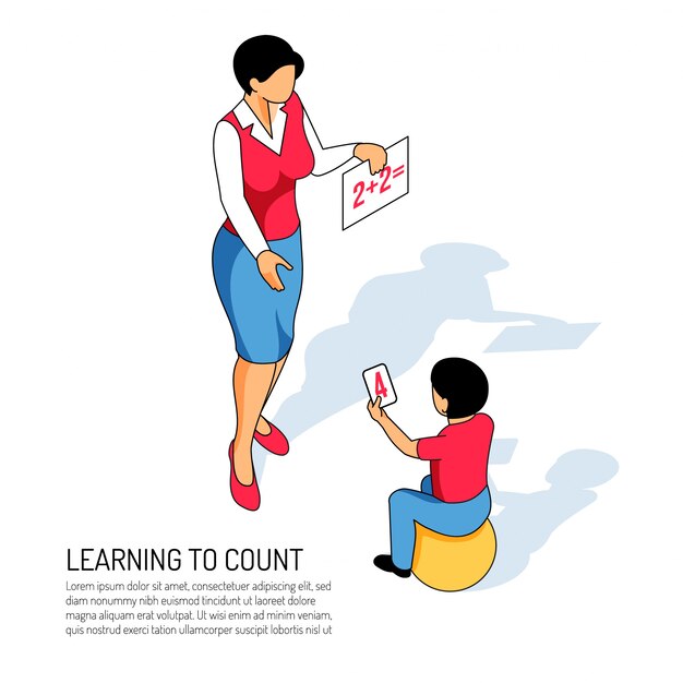 Educator and boy on ball during learning of count in kindergarten on white  isometric 