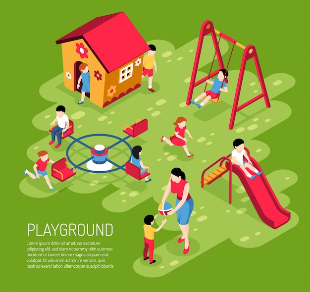 Educator and kids on play ground in kindergarten in summer on green  isometric