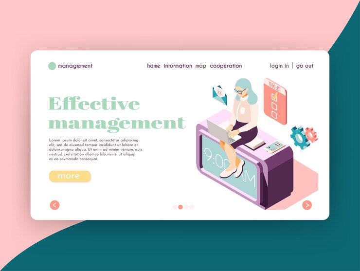 Free Vector effective management isometric landing page website design with female character at work icons and clickable links