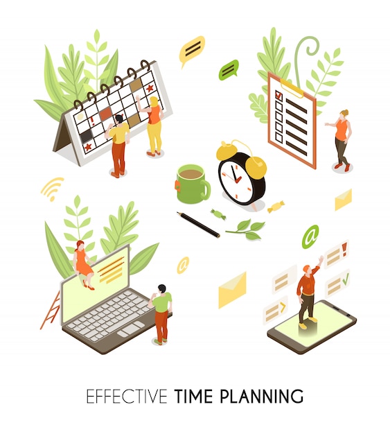 Effective time planning isometric background with people making business schedule and routine management