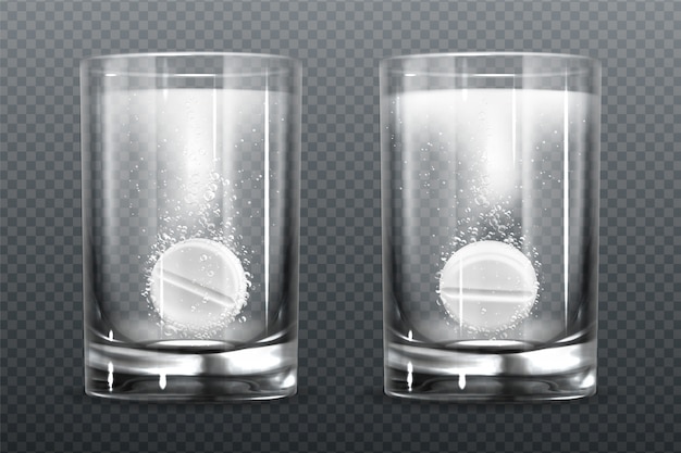 Free vector effervescent pill with fizz bubbles in water glass