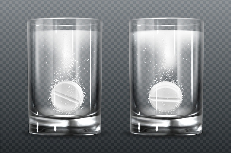 Free Vector effervescent pill with fizz bubbles in water glass