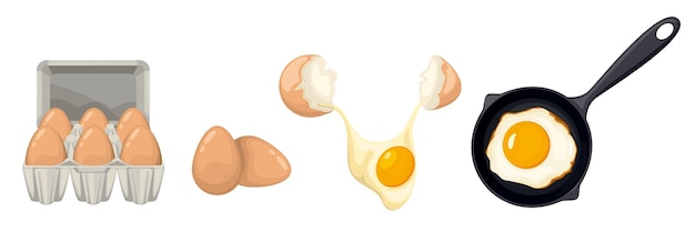 무료 벡터 계란 팩과 프라이팬, 튀긴 계란 식사 벡터 일러스트와 함께 고립 된 아이콘의 계란 세트