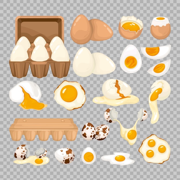 Free vector eggs set with isolated images of broken eggs with cut slices and package on transparent background vector illustration