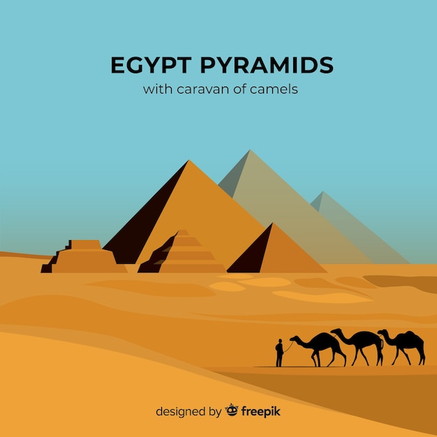 Egypt background with pyramids and camels