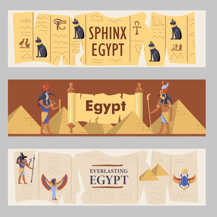 Free Vector egypt banners set. egyptian pyramids, cats and gods vector illustrations with text. templates for travel flyers or brochures