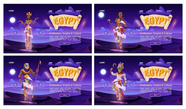 Free vector egypt banners set with ancient god amun osiris pharaoh and cleopatra