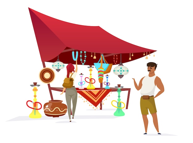 Egypt bazaar flat color faceless character. traditional african souk,  marketplace. vendor selling hookahs, souvenirs for tourist isolated cartoon  illustration on white background | Premium Vector