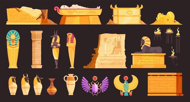 Free vector egypt burial offering jars mummies coffins tombs amulets deities walls etching elements set black background vector illustration