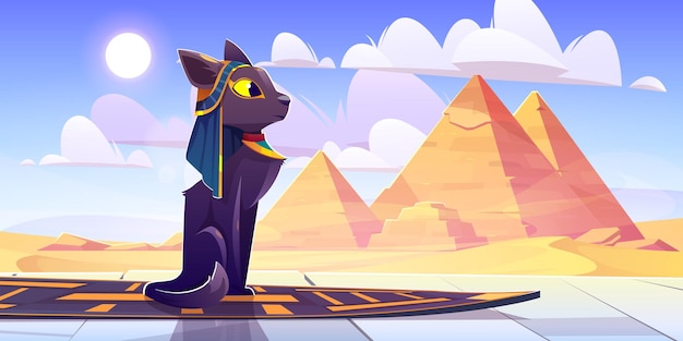 Free vector egypt cat goddess bastet sitting front of pyramids