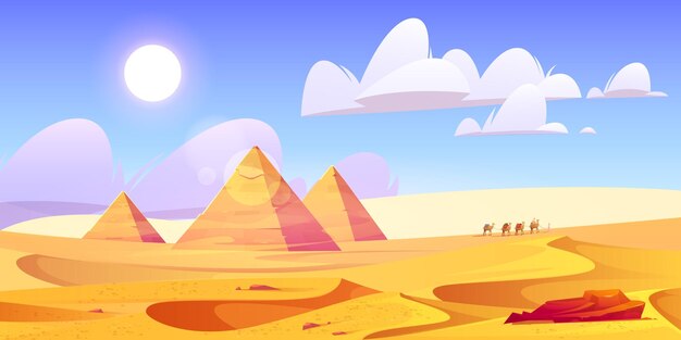 Egypt desert landscape with pyramids and camels caravan