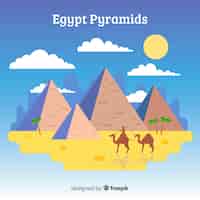 무료 벡터 피라미드와 낙타 이집트 풍경 배경