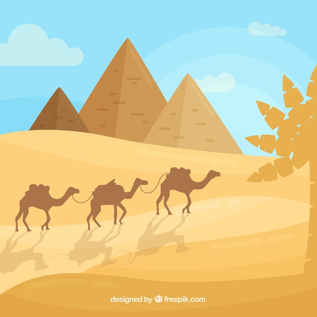 Бесплатное векторное изображение Египетский пейзаж с пирамидами и караваном
