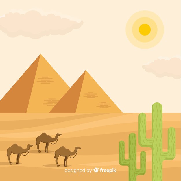 Egypt landscape with pyramids and caravan