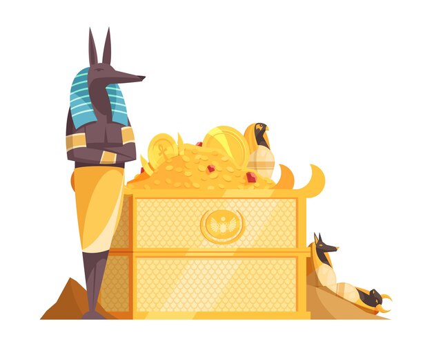 Египетская композиция с персонажами древних божественных существ и коробка, полная векторной иллюстрации ценных предметов