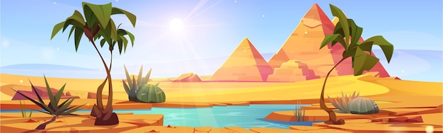 無料ベクター 砂上のオアシスに湖とパームの木があるエジプトの砂漠の風景 砂丘とピラミッドの真ん中に水の池と緑の植物の漫画ベクトルイラスト サバンナの晴れた夏の風景