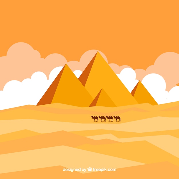 Free vector egyptian desert landscape with pyramids and caravan