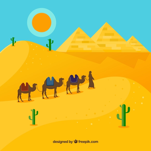 ピラミッドとキャラバンを備えたエジプト砂漠の風景
