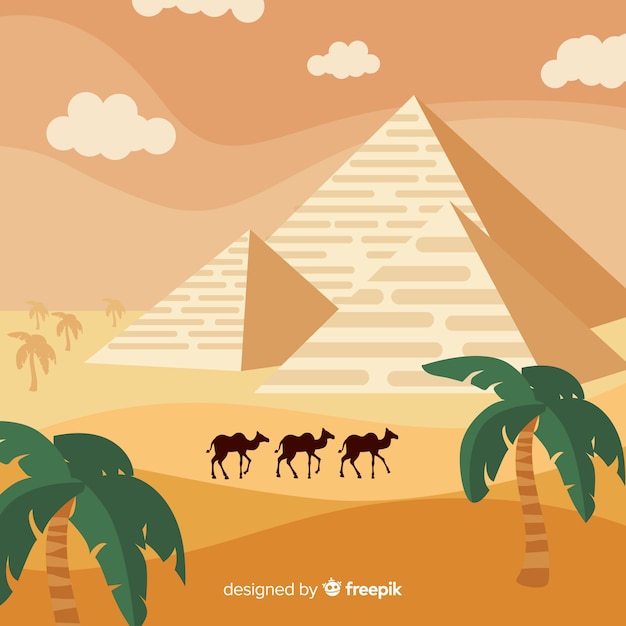 Египетский пейзаж пустыни с пирамидами и караваном