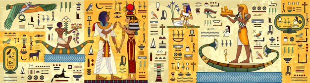 エジプトの象形文字と記号古代の文化の歌と記号 古代エジプトの壁画 エジプトの神話 プレミアムベクター