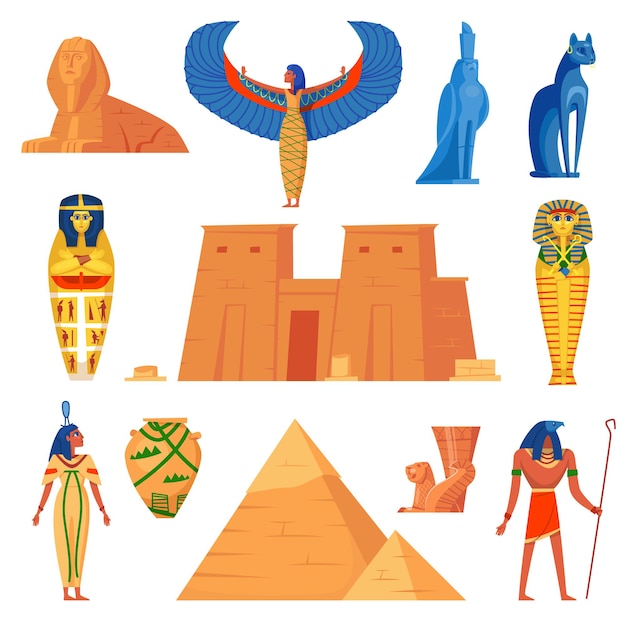 Free vector egyptian history characters set. cartoon illustration