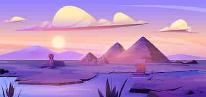 Бесплатное векторное изображение Египетские пирамиды и река нил на закате
