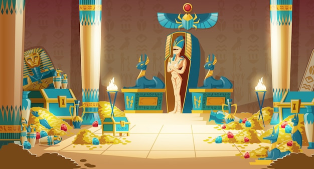 Free vector egyptian tomb - pharaoh sarcophagus with mummy, treasure and other symbols of culture.