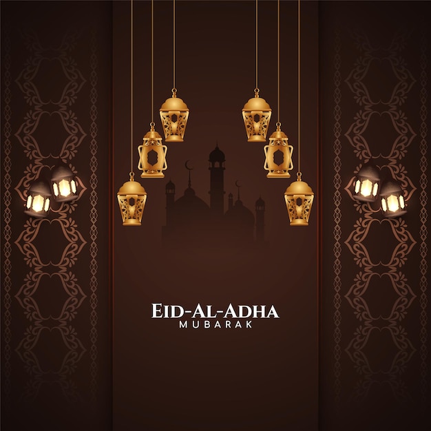 Eid al adha mubarak lanterne dorate sfondo marrone design