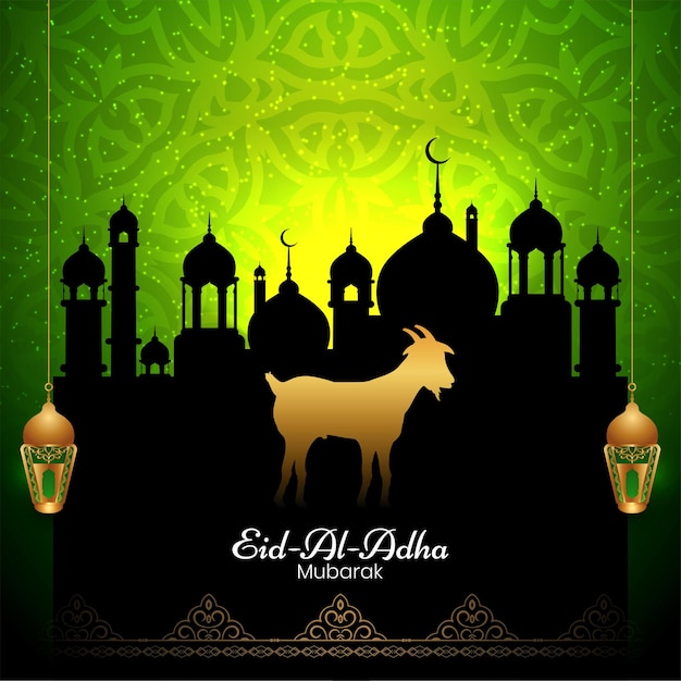 Eid al adha mubarak sfondo verde con disegno della moschea vettore