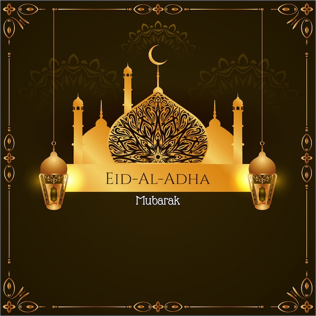 Eid Al Adha mubarak Islamic elegant card with golden mosque