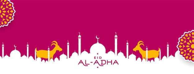 Free vector eid al adha mubarak with mosque and goat in islamic decoation banner