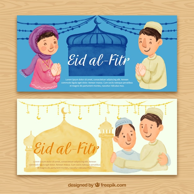 Eid al fitr watercolor banners with people