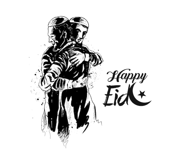 Eid celebration Muslim man hugging and wishing to each other on occasion Vector illustration