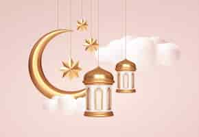 Free vector eid mubarak 3d realistic symbols of arab islamic holidays