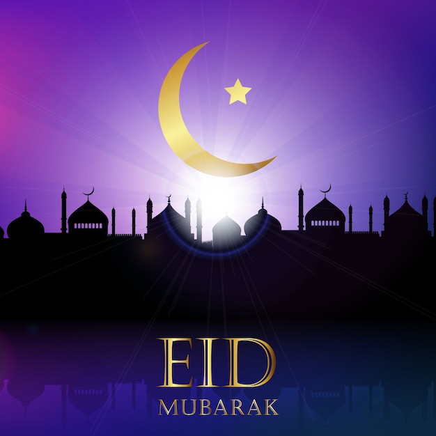 Eid mubarak background with mosque silhouettes