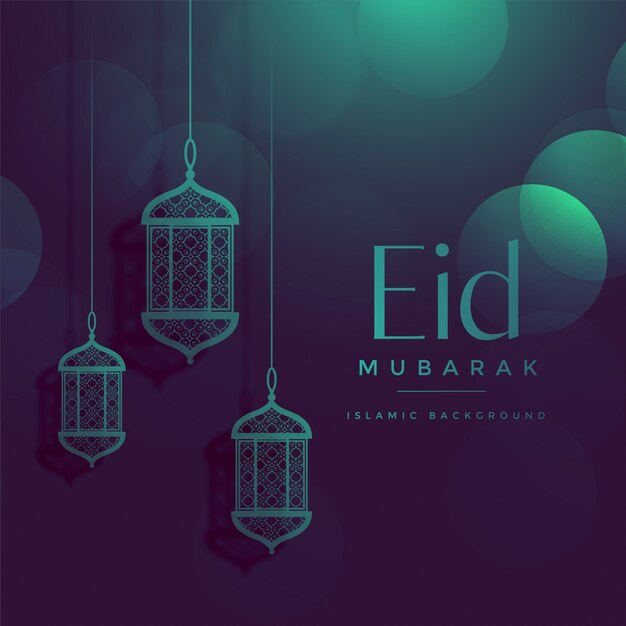 Eid mubarak beautiful bokeh background with hanging lamps