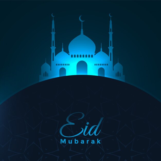 Eid mubarak blu incandescente moschea sfondo design