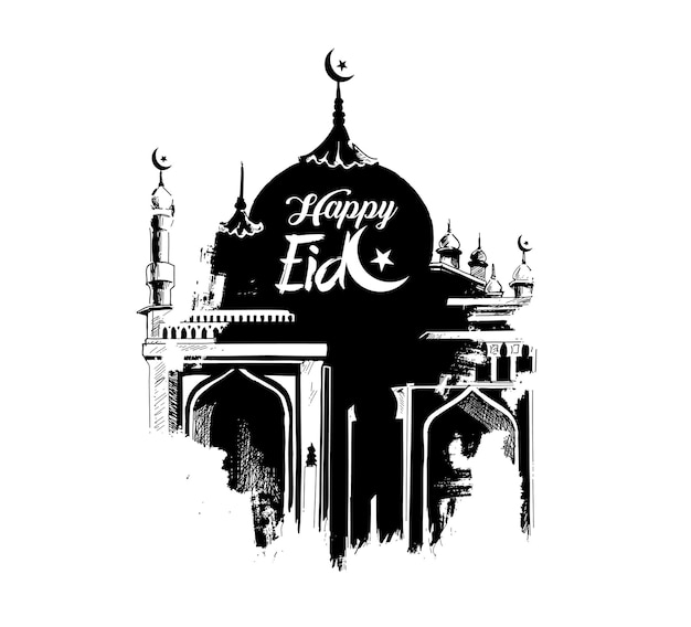 Free vector eid mubarak celebration calligraphy stylish lettering ramadan kareem text with mosque vector illustration