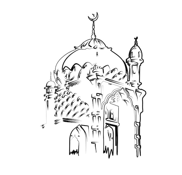 Eid Mubarak Celebration Calligraphy Stylish Lettering Ramadan Kareem Text with Mosque Vector illustration