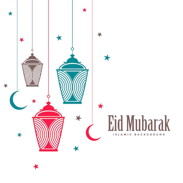 Free vector eid mubarak decorative lamps flat background