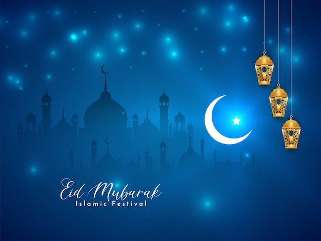 Eid mubarak festival glossy blue mosque background design vector Premium Vector