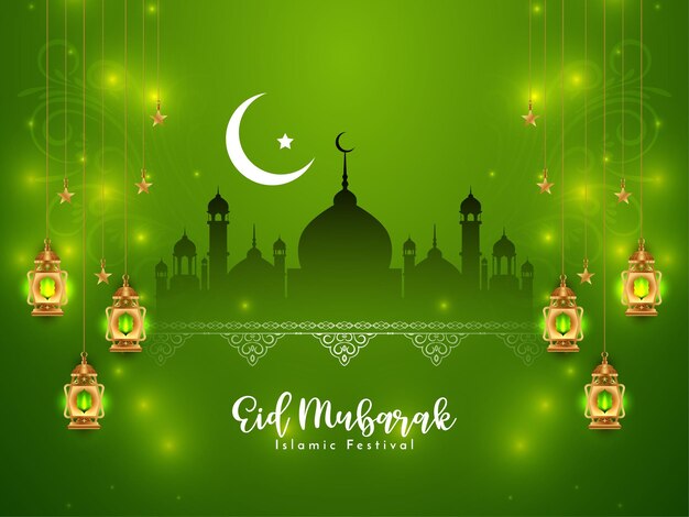 Eid 무바라크 축제 광택 녹색 빛나는 모스크 배경 디자인 벡터