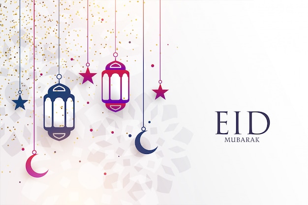 Vettore gratuito eid mubarak festival saluto con lampade e luna