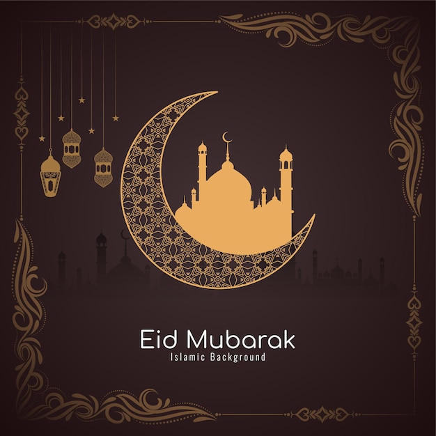 Бесплатное векторное изображение Исламская открытка фестиваля ид мубарак с рамкой и полумесяцем