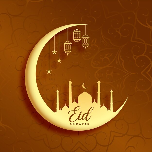Eid mubarak festival wishes greeting with golden moon mosque and lanterns