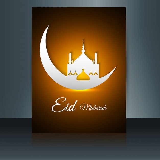 Free vector eid mubarak flyer with a moon and mosque